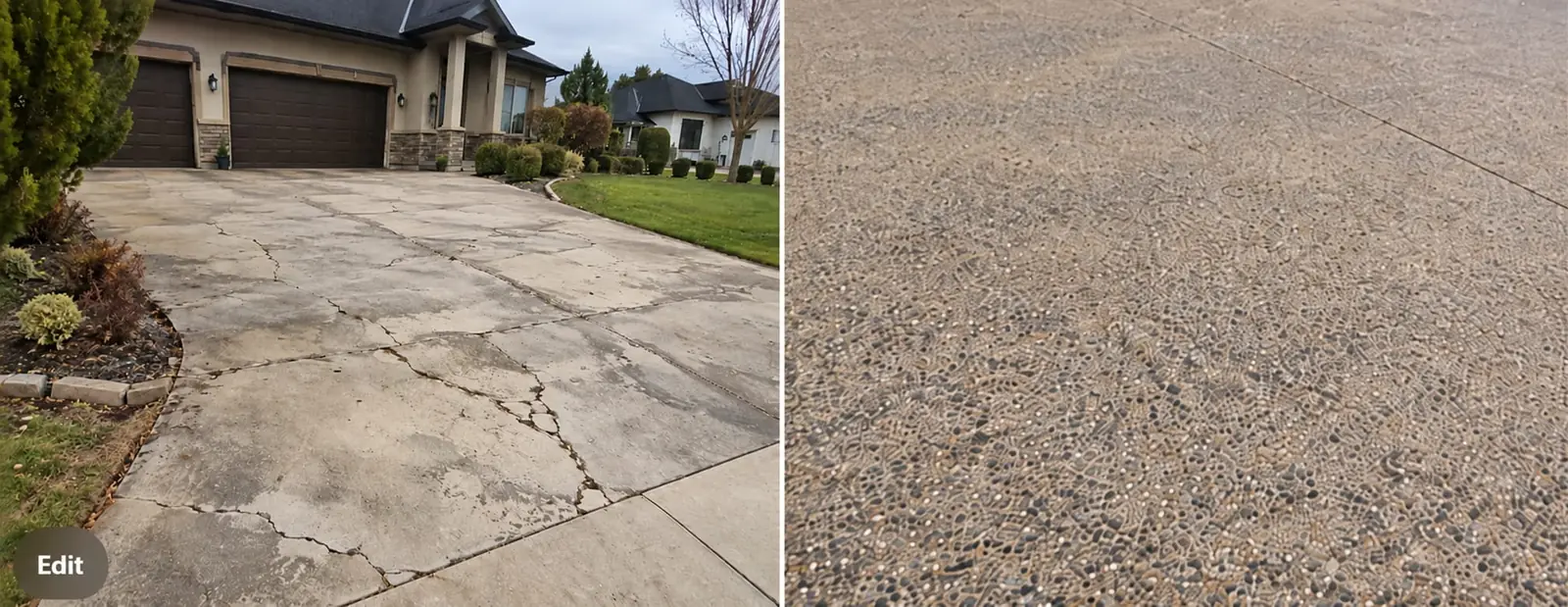 Cracked concrete surface next to a close-up of exposed aggregate