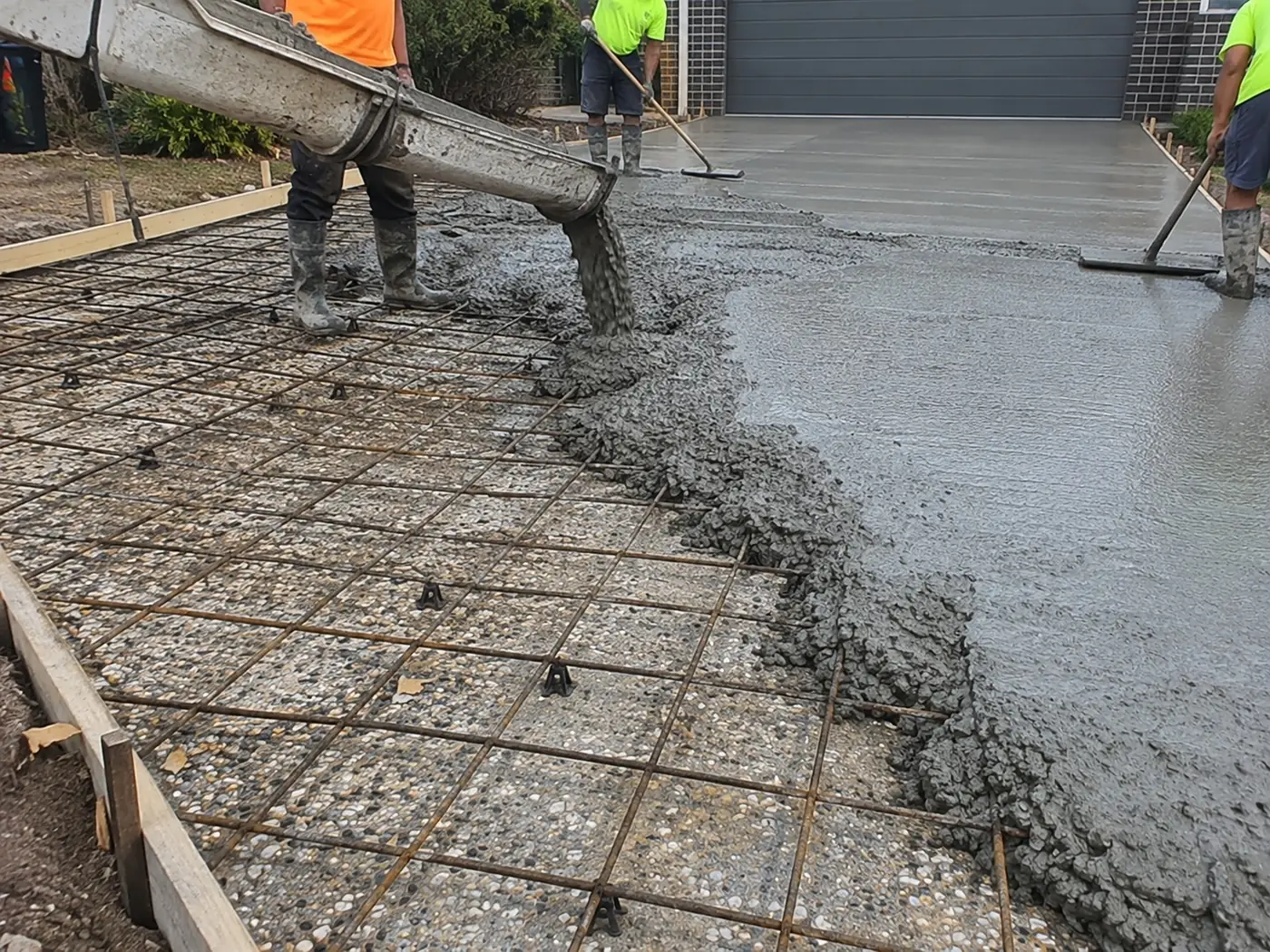Concreters placing and screeding concrete over reinforcing mesh