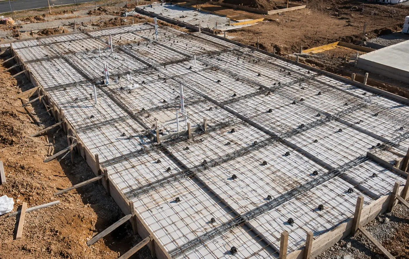 Waffle pod slab with steel mesh and edge beams ready to pour