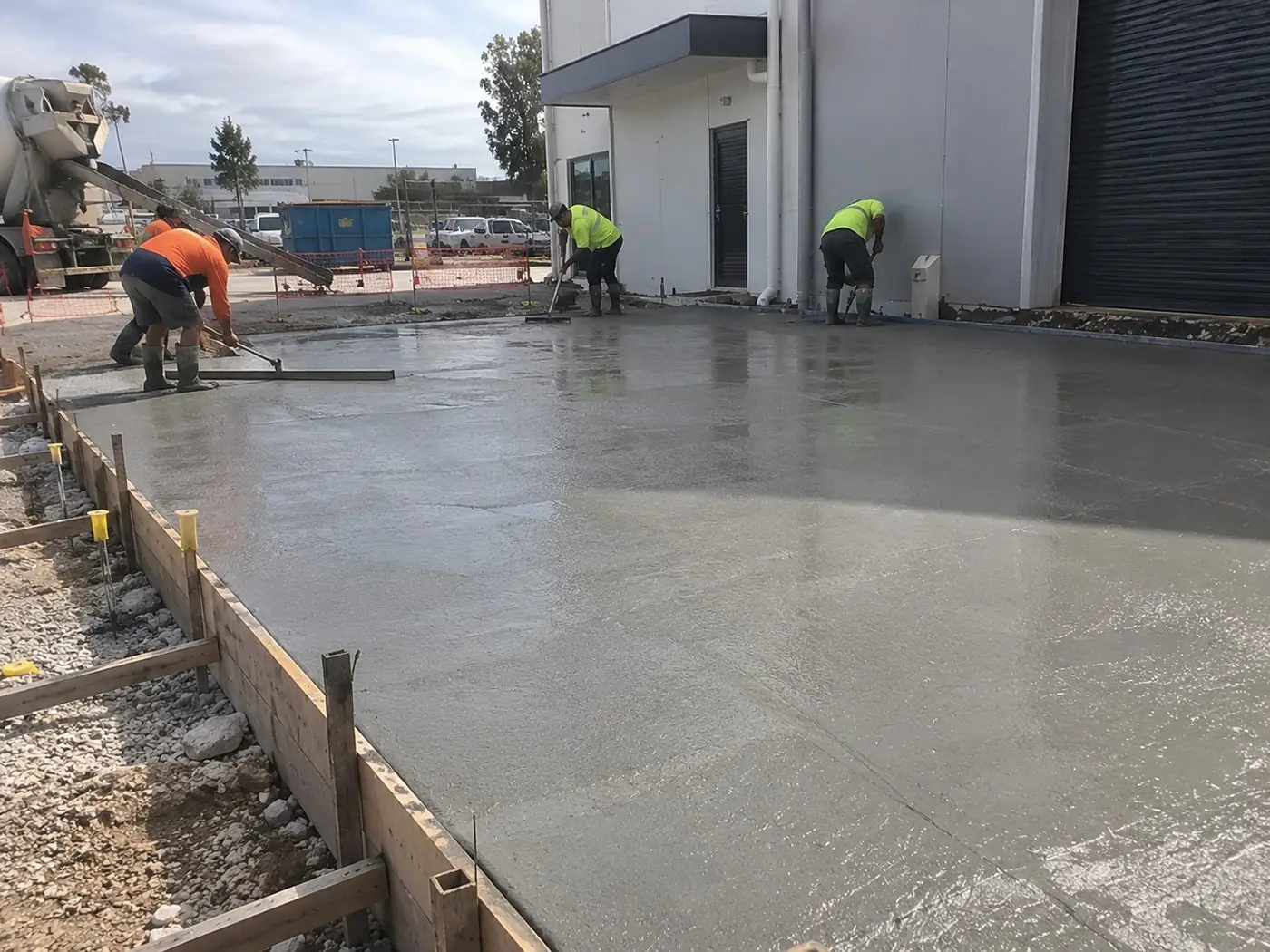 Concreter finishing a plain grey concrete slab in Wollongong